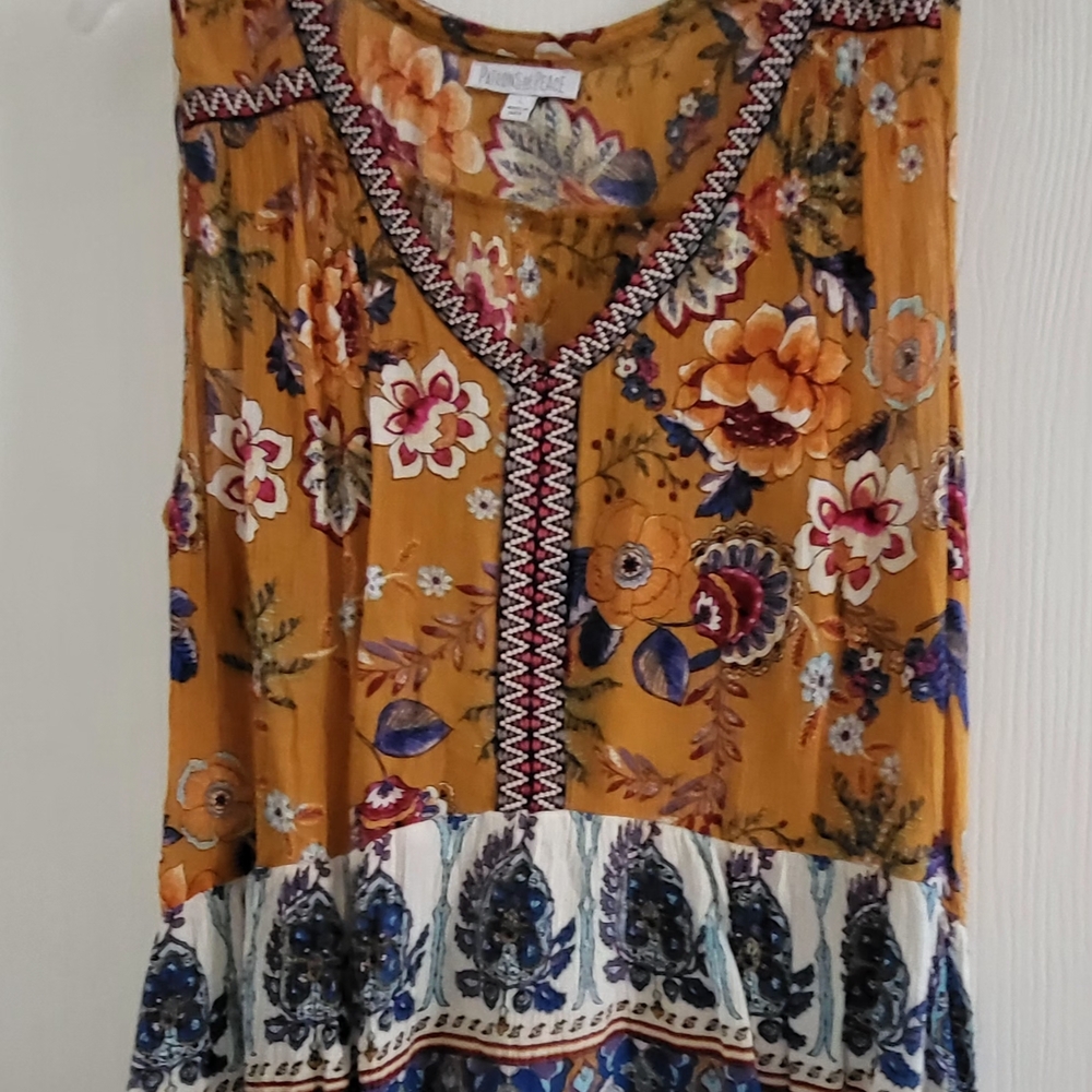 2 Patrons of Peace Yellow Floral Blouse with Blue and Cream Details